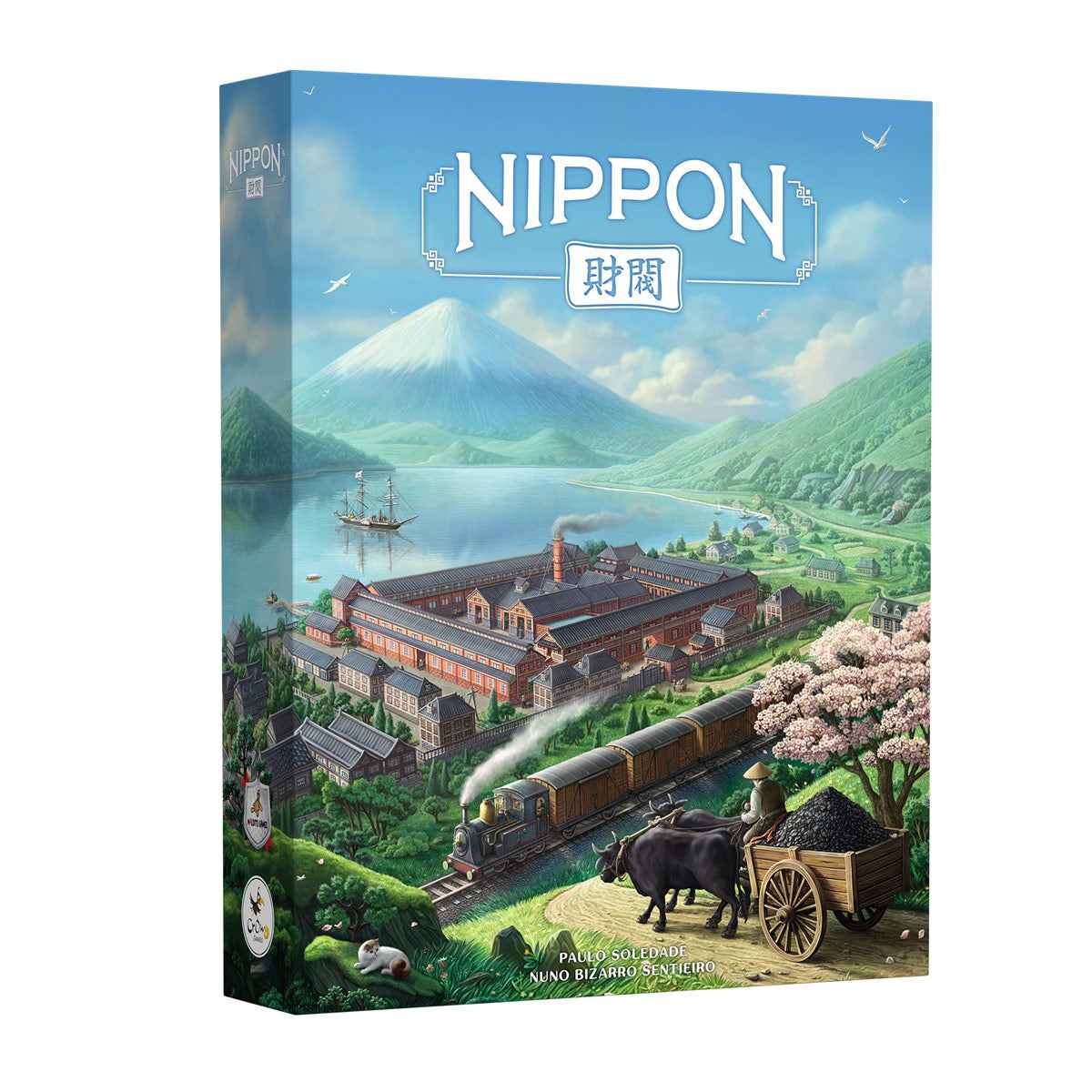 Caja del juego de mesa Nippon Zaibatsu con ilustración de Japón industrial y monte Fuji