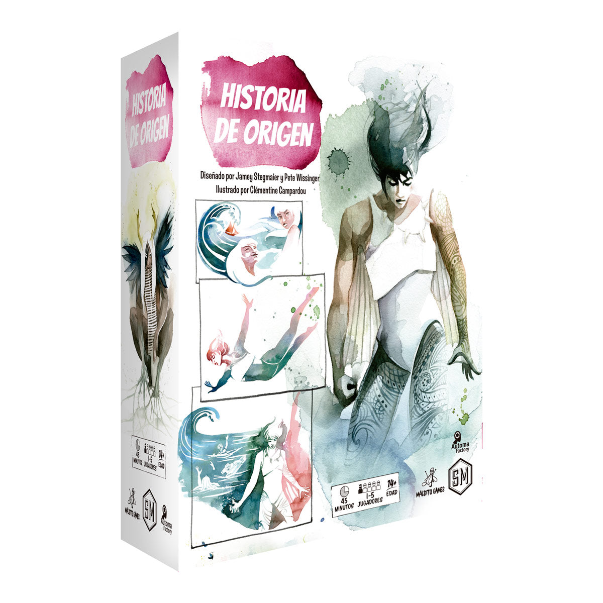 Lateral de la caja del juego de mesa Historia de Origen con ilustraciones artísticas y créditos