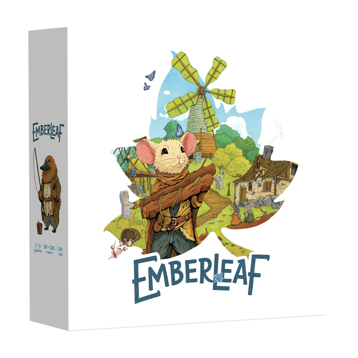 Caja del juego de mesa Emberleaf con ilustración de personaje y diseño
