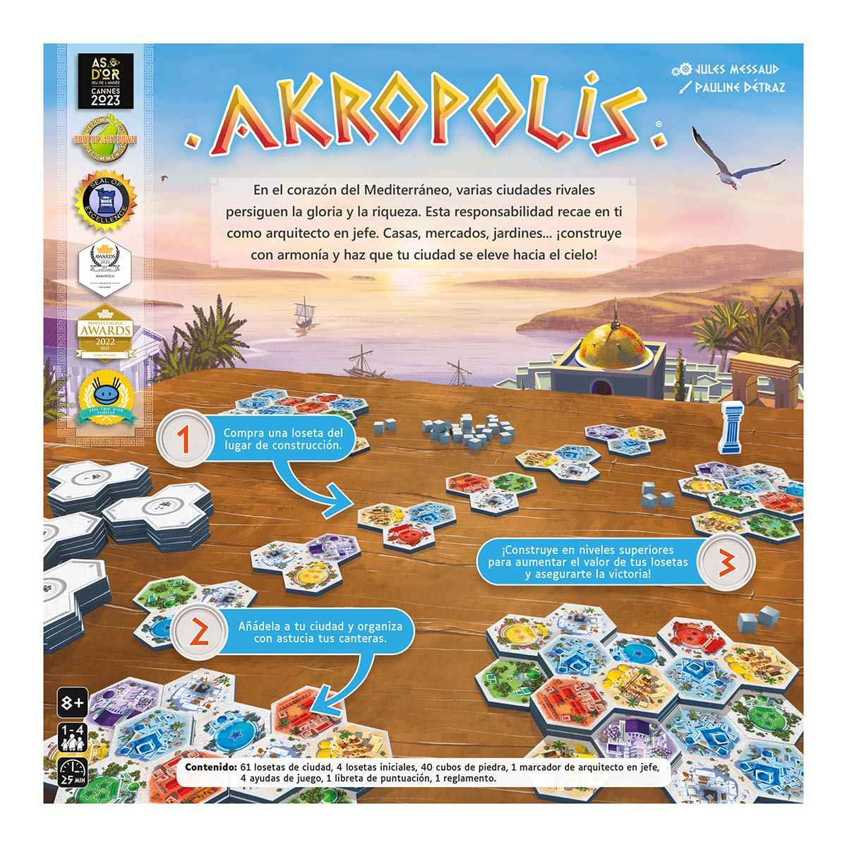 Juego de mesa Akropolis en mesa de madera con fichas hexagonales y premios As d'Or