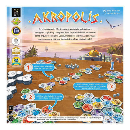 Juego de mesa Akropolis en mesa de madera con fichas hexagonales y premios As d'Or