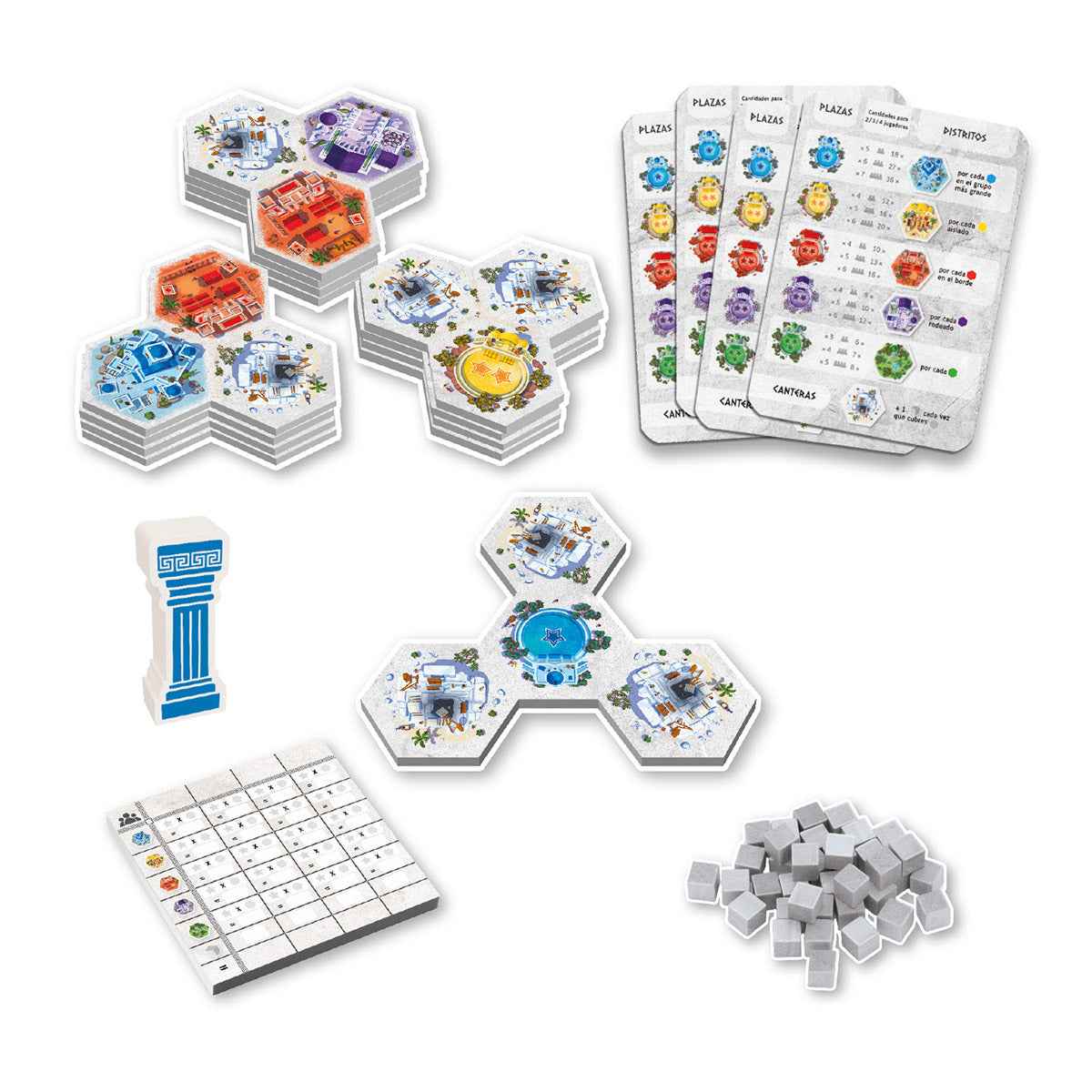Componentes del juego Akropolis mostrando losetas hexagonales, marcadores y cubos de piedra
