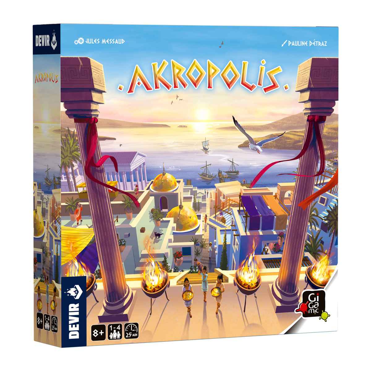 Caja del juego de mesa Akropolis con arte de ciudad griega antigua y columnas corintias