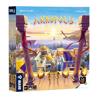 Caja del juego de mesa Akropolis con arte de ciudad griega antigua y columnas corintias