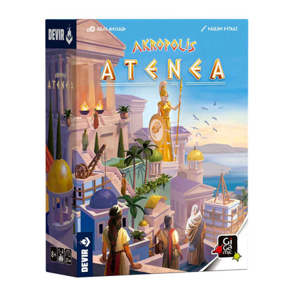 Caja del juego de mesa Akropolis: Atenea con ilustración griega clásica y estatua dorada de la diosa