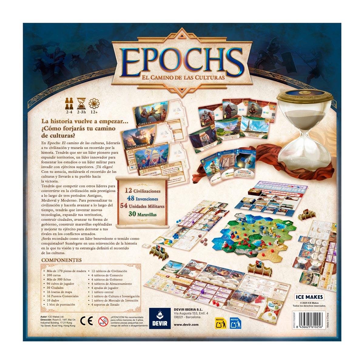 Juego de mesa Epochs contraportada con componentes, cartas y reloj de arena