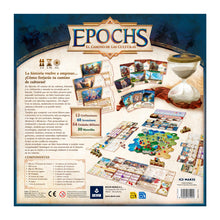 Juego de mesa Epochs contraportada con componentes, cartas y reloj de arena