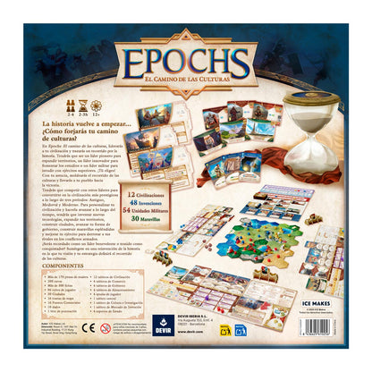 Juego de mesa Epochs contraportada con componentes, cartas y reloj de arena