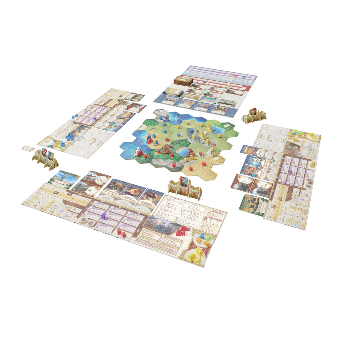 Tablero hexagonal del juego de estrategia Epochs desplegado con fichas y piezas