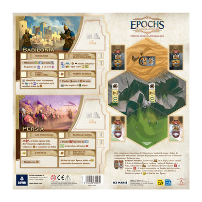 Detalle ficha civilización Babilonia y Persia expansión Epochs con texto de reglas y mapa hexagonal verde