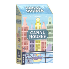 Caja del juego de cartas Canal Houses con arte de fachadas, bicicleta y tulipanes junto al canal