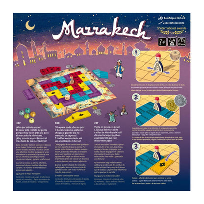 Panel trasero del juego Marrakech mostrando reglas e ilustraciones