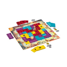 Componentes del juego de mesa Marrakech: tablero, fichas y dados