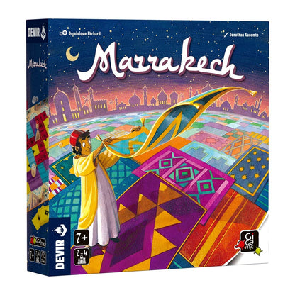Caja del juego de mesa Marrakech con arte de mercado y alfombras