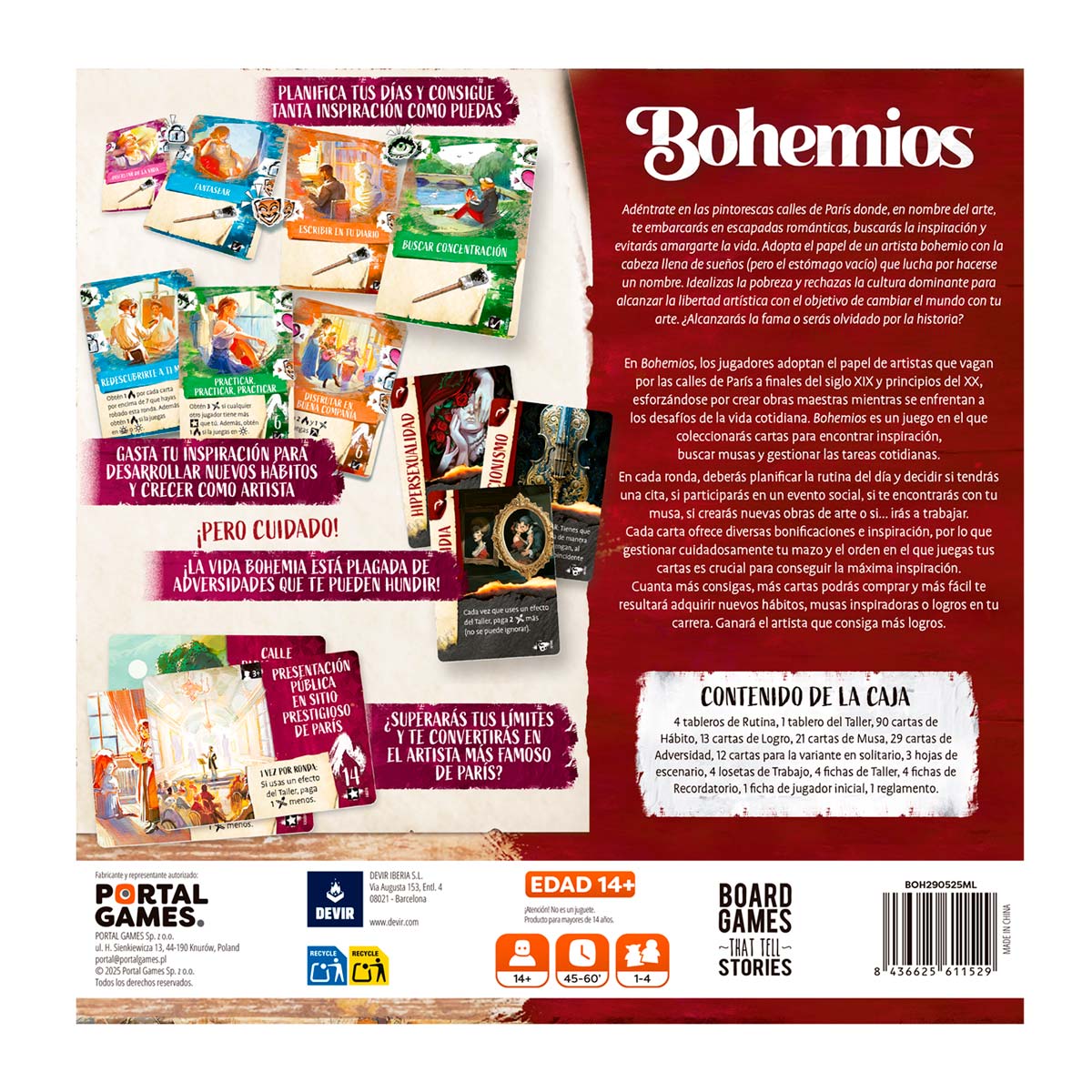 Dorso caja juego Bohemios lista contenido cartas y tableros ruta