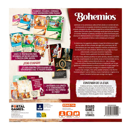 Dorso caja juego Bohemios lista contenido cartas y tableros ruta