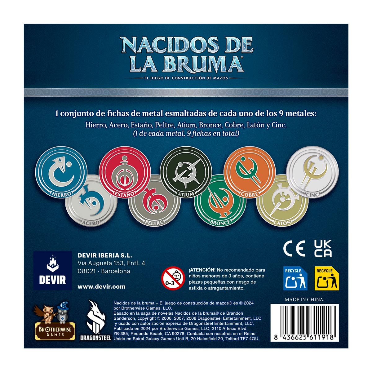 Panel trasero de las fichas metálicas esmaltadas deluxe para Nacidos de la Bruma con detalles y símbolos