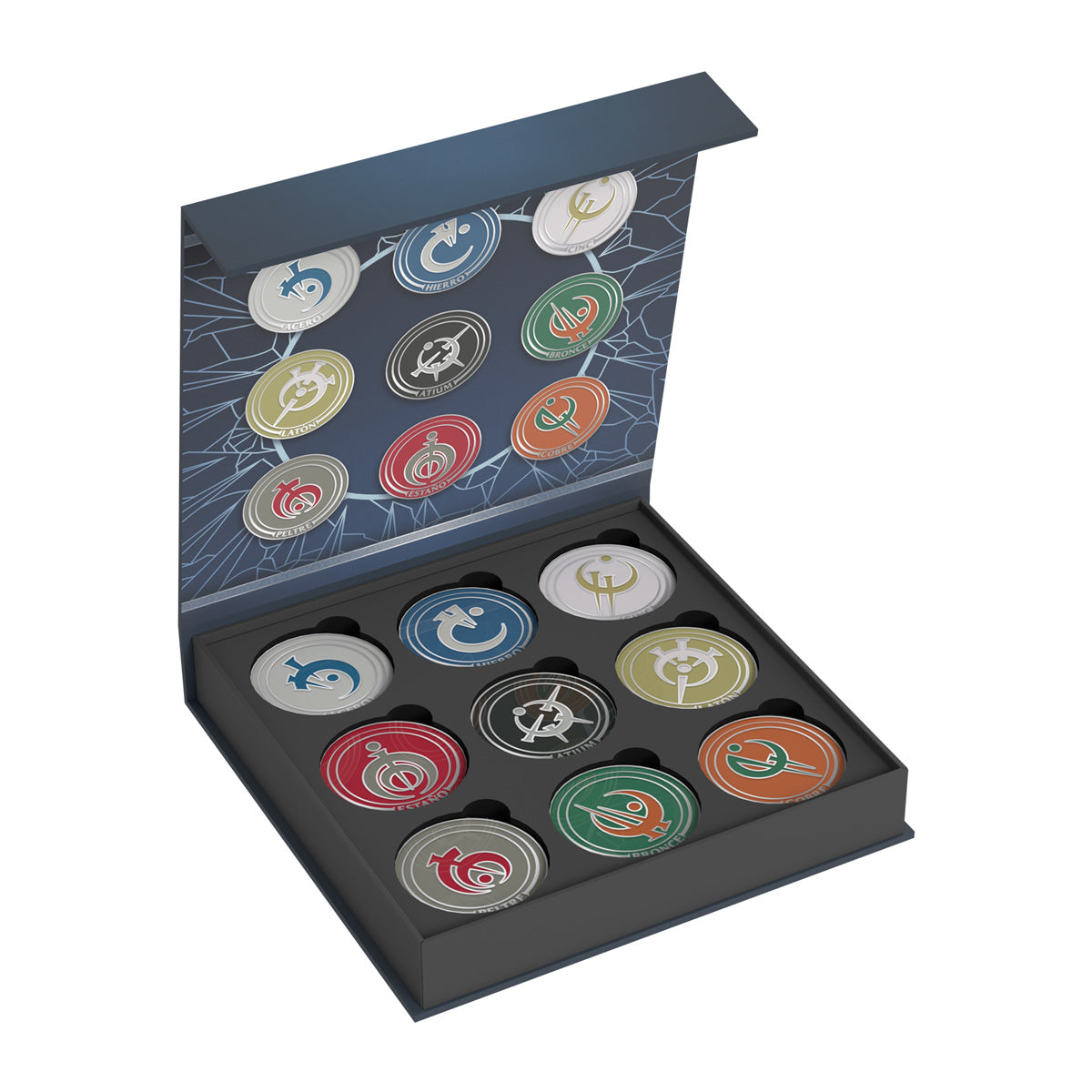 Fichas de metal esmaltado deluxe para Nacidos de la Bruma organizadas en su caja de presentación negra