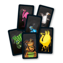 Cartas de juego Dodelido abanicadas mostrando animales estilizados
