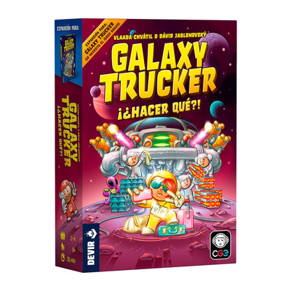 Caja de la expansión Galaxy Trucker ¿¡Hacer qué?! con arte espacial vibrante