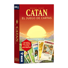 Caja de Catan: El Juego de Cartas, juego de estrategia para dos jugadores con ilustración de sol y cartas