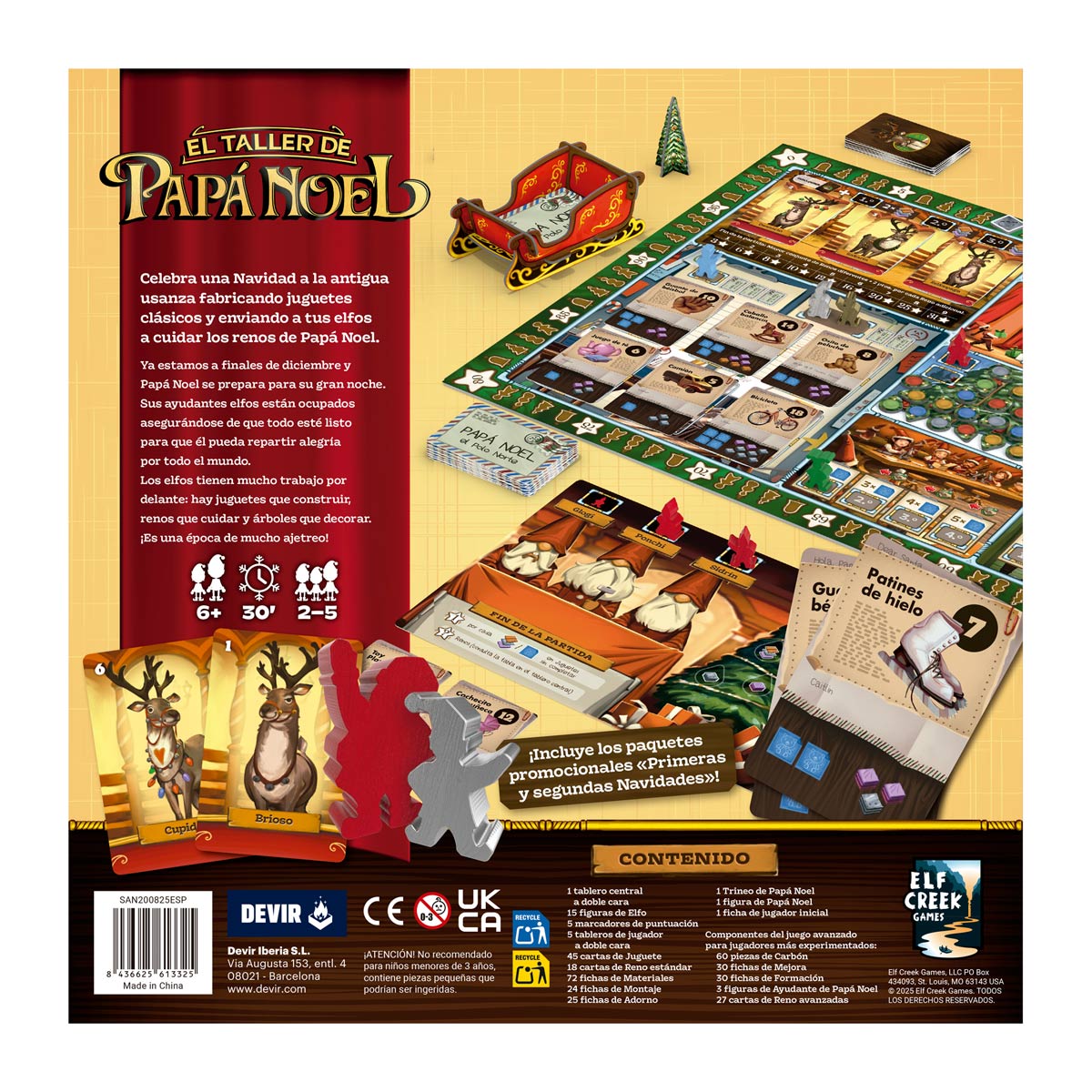 Reverso de la caja del juego El Taller de Papá Noel mostrando componentes y reglas