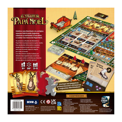 Reverso de la caja del juego El Taller de Papá Noel mostrando componentes y reglas
