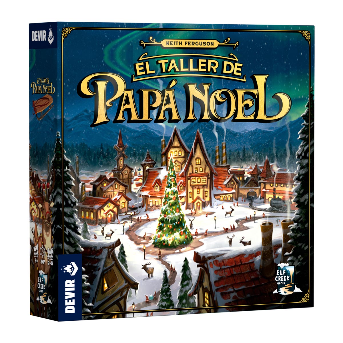 Caja del juego de mesa familiar El Taller de Papá Noel con arte navideño
