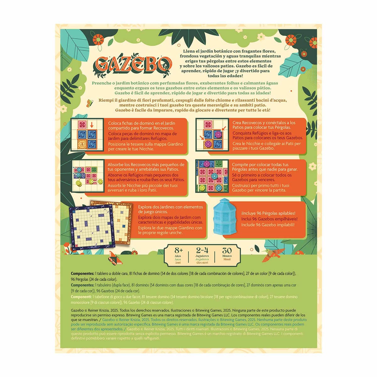 Reglas del juego de mesa Gazebo con diagramas de colocación de losetas y construcción de pérgolas