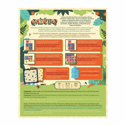Reglas del juego de mesa Gazebo con diagramas de colocación de losetas y construcción de pérgolas