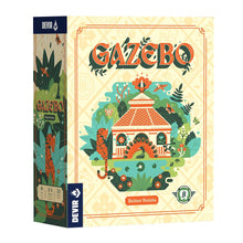Caja del juego de estrategia Gazebo por Reiner Knizia con ilustración de pérgola y fauna tropical