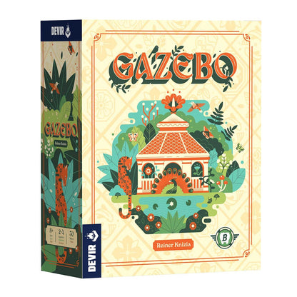 Caja del juego de estrategia Gazebo por Reiner Knizia con ilustración de pérgola y fauna tropical