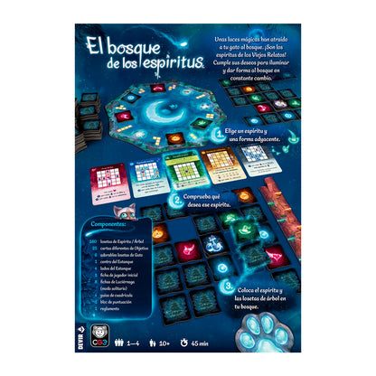 Guía de componentes del juego de mesa El bosque de los espíritus con instrucciones paso a paso y lista de piezas
