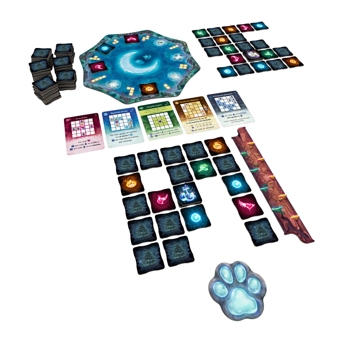 Juego de mesa El bosque de los espíritus con tablero hexagonal, cartas de espíritus y regleta de tronco