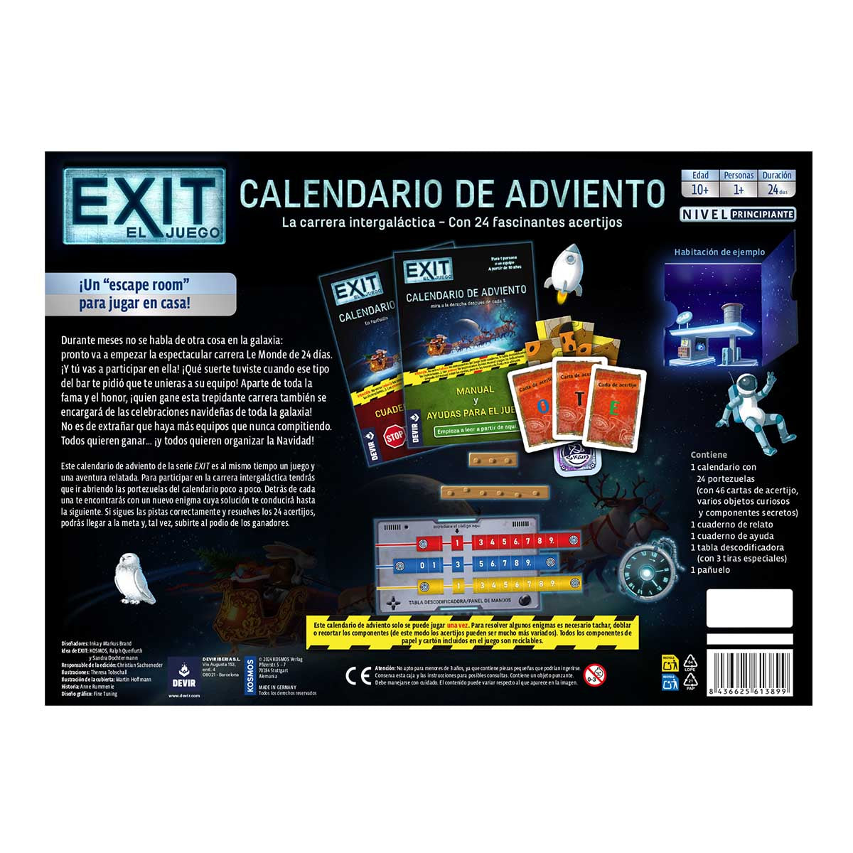 Parte trasera del juego EXIT Calendario de Adviento con instrucciones y componentes