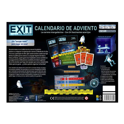 Parte trasera del juego EXIT Calendario de Adviento con instrucciones y componentes