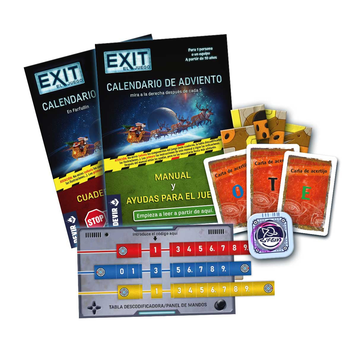 Componentes del juego EXIT Calendario de Adviento: cartas, manual y descodificador