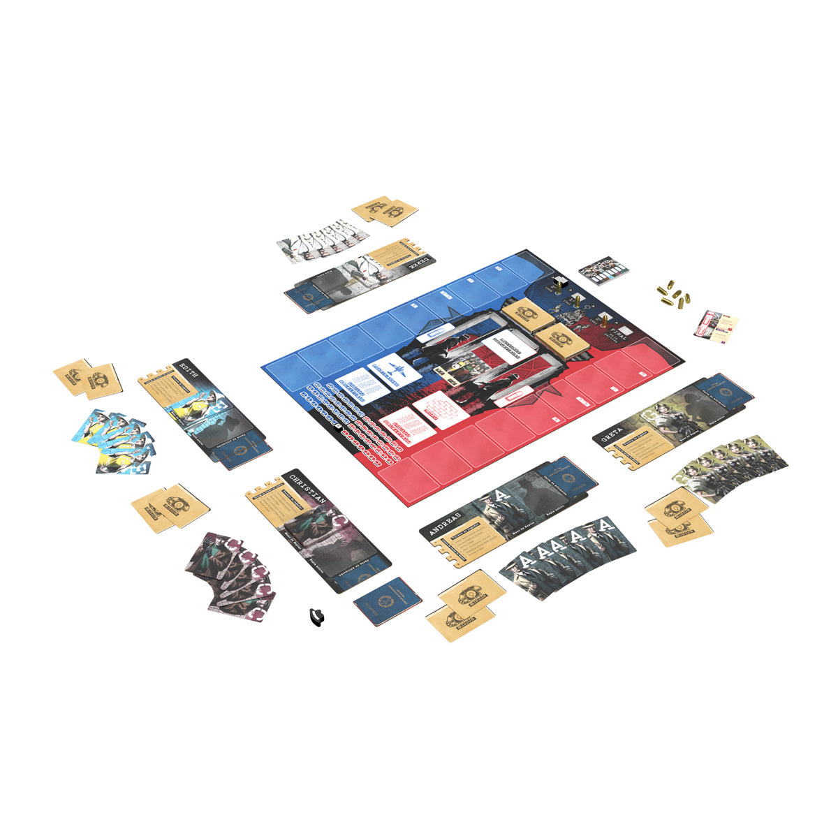 Componentes juego de mesa Berlín 1960 tablero cartas fichas