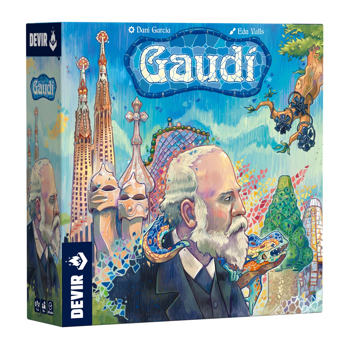 Caja frontal del juego de mesa Gaudí con arte inspirado en la arquitectura modernista