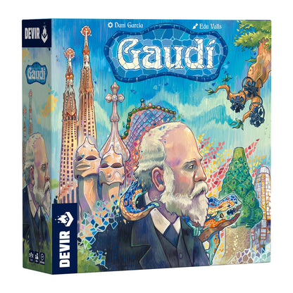 Caja frontal del juego de mesa Gaudí con arte inspirado en la arquitectura modernista