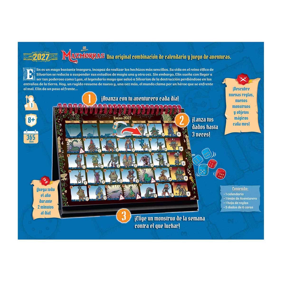 Instrucciones juego calendario mazmorras pasos numerados iconos dados