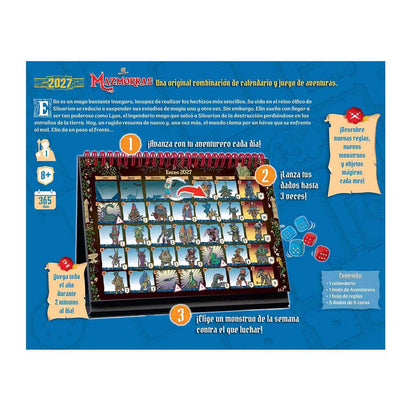 Instrucciones juego calendario mazmorras pasos numerados iconos dados