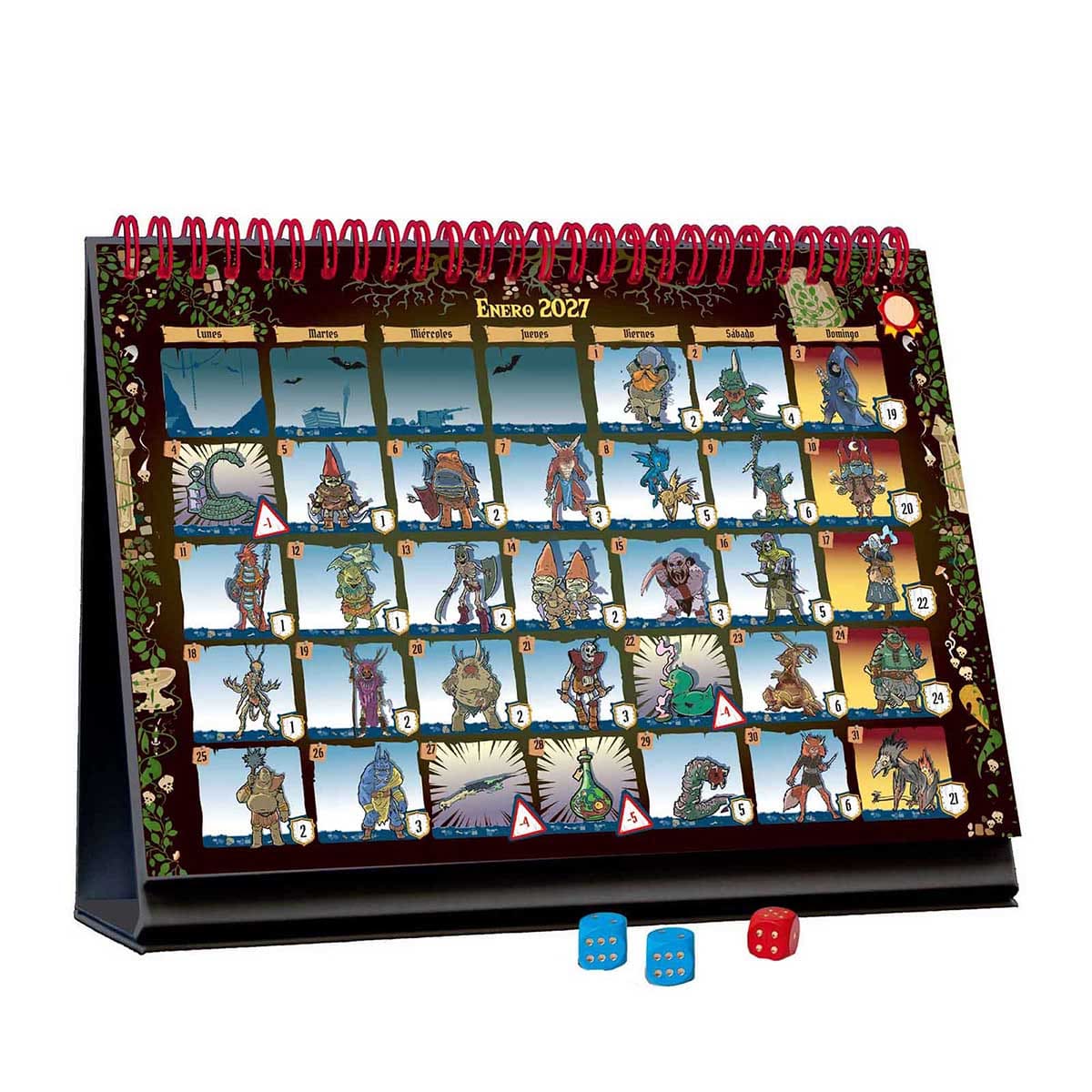 Calendario de mazmorras 2027 con dados azules y rojos sobre fondo oscuro