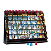 Calendario de mazmorras 2027 con dados azules y rojos sobre fondo oscuro