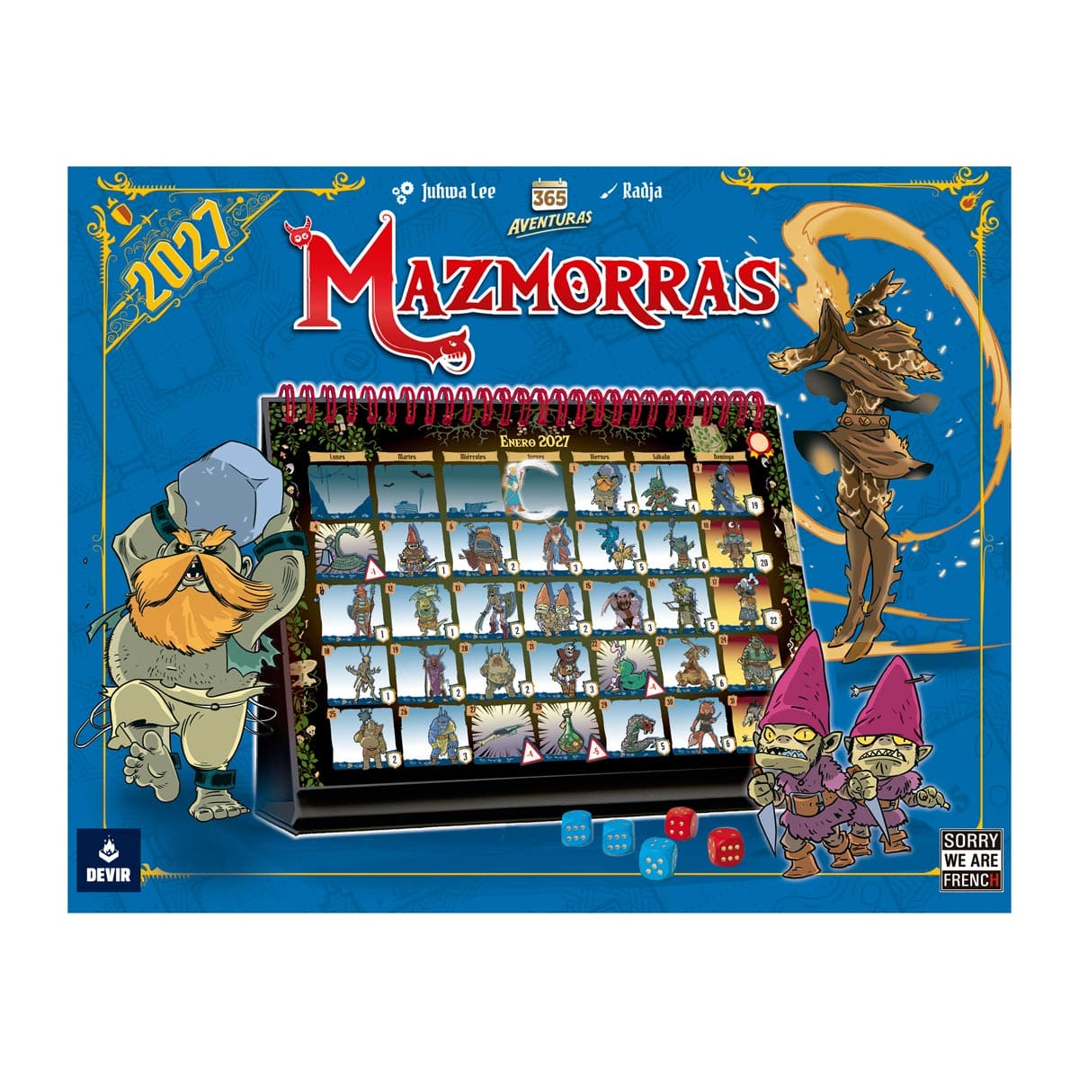Portada calendario mazmorras fantasía enana goblins título rojo Devir