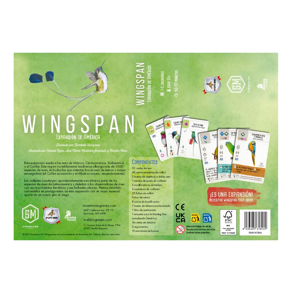 Wingspan Expansión de América caja trasera con componentes y lista de cartas