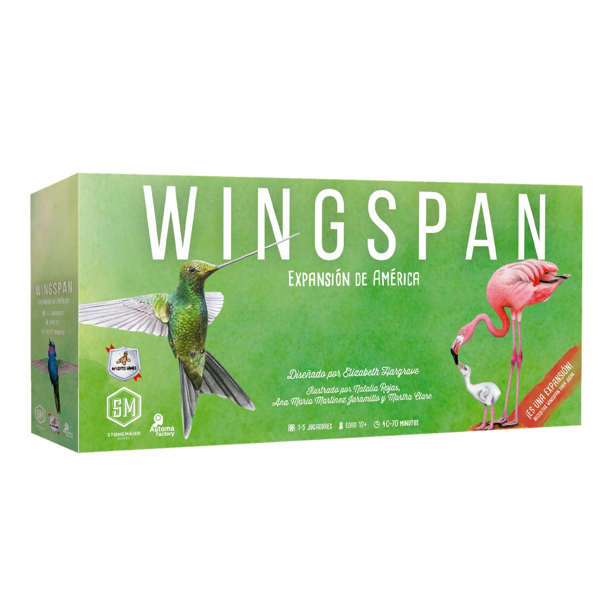 Wingspan Expansión de América caja frontal con colibrí y flamenco