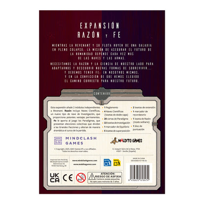 Contraportada del juego de mesa Revenant Razón y Fe mostrando contenido