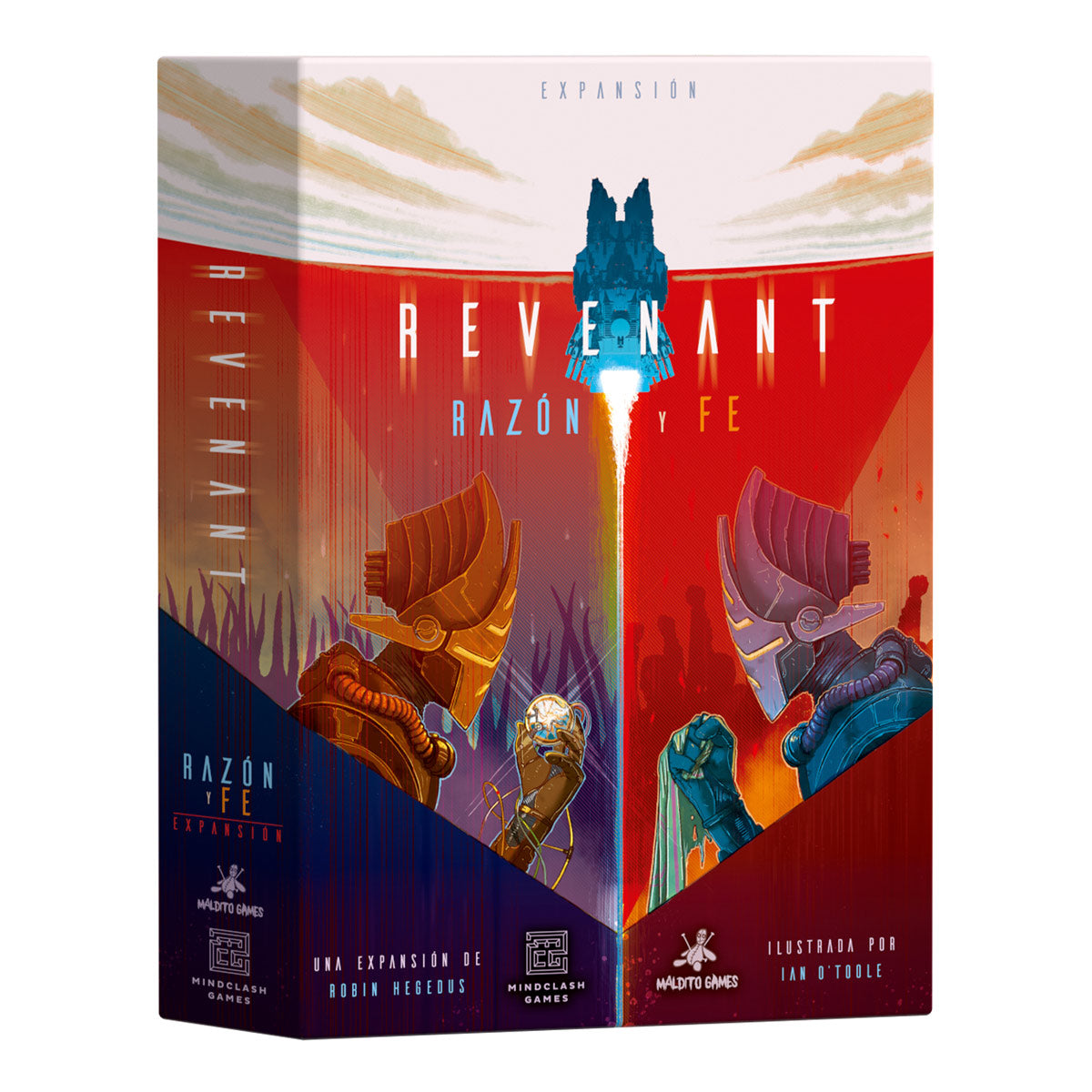 Portada de la expansión Revenant: Razón y Fe con arte futurista