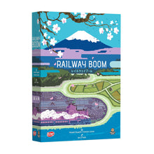 Caja del juego de mesa Railway Boom con ilustración de tren y Monte Fuji